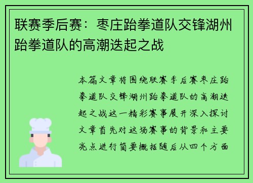 联赛季后赛：枣庄跆拳道队交锋湖州跆拳道队的高潮迭起之战